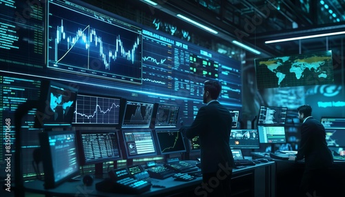 Modern digital stock market background featuring holograms of stock charts, performance indicators and avatars of brokers carrying out virtual transactions © nur