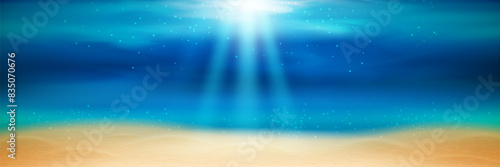 Realistic underwater background. Water surface ocean, sea with air bubbles, sun rays with sand shelf.