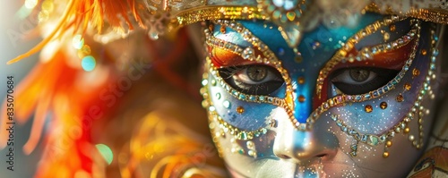 A woman's face is covered in gold and blue glitter. The image has a festive and celebratory mood, as the woman's face is adorned with a mask and glitter