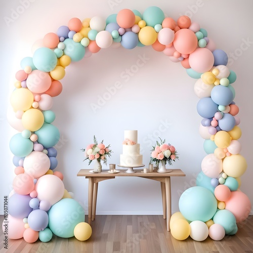 Pastel multicolor balloon arch decoration with pastel backgrounds