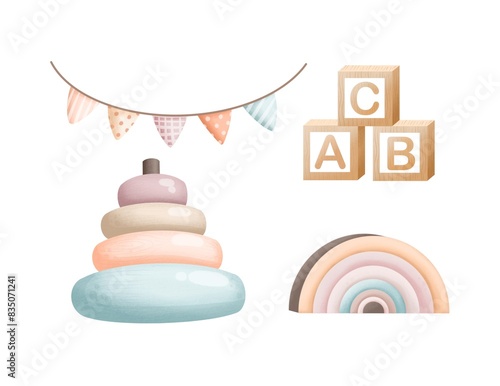 Watercolor set of children's wooden toys: pyramid, cubes with letters, rainbow pyramid and garland of flash cards. The illustration is ideal for design of children's products. Image JPG 300 dpi © Natali