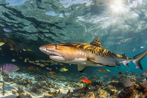 A tiger shark swimming in the ocean  surrounded small fish and sunlight shining through water  photo realistic