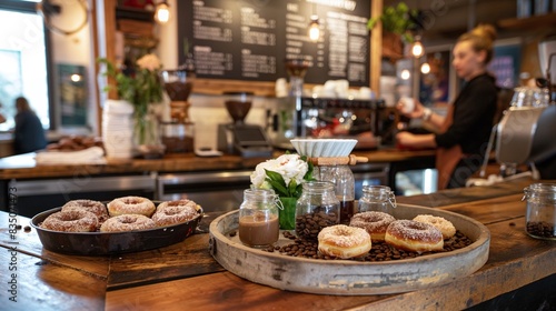 Rustic Café Counter with Donuts and Coffee Preparation