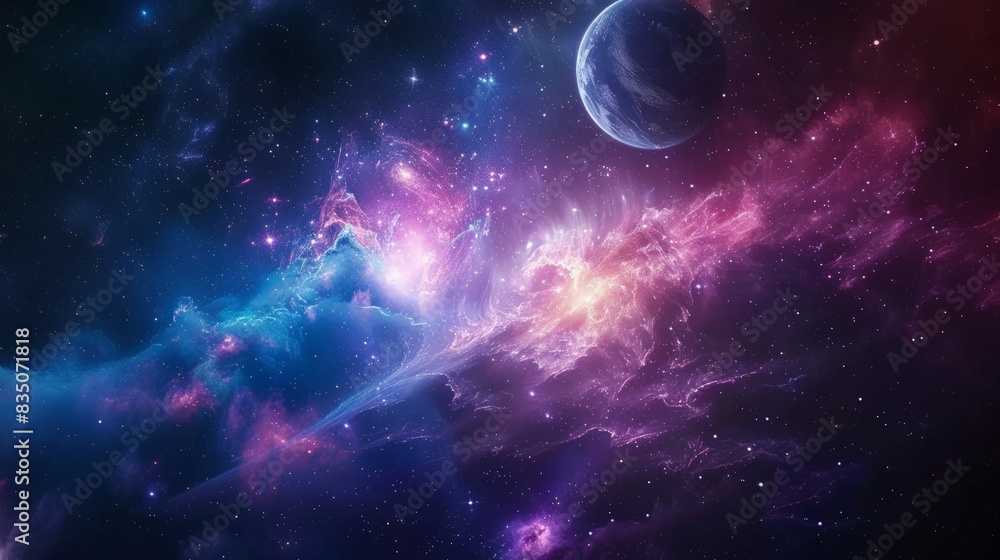 Cosmic Galaxy Scene: Depict a cosmic background featuring a vibrant galaxy with stars, nebulas, and distant planets.