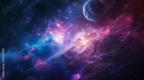 Cosmic Galaxy Scene: Depict a cosmic background featuring a vibrant galaxy with stars, nebulas, and distant planets.