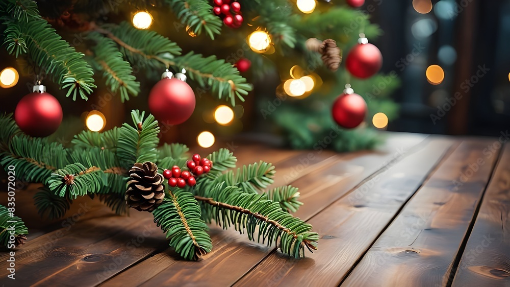 Christmas tree branch decorations on a wooden table. Christmas tree branch decorations on a wooden table.