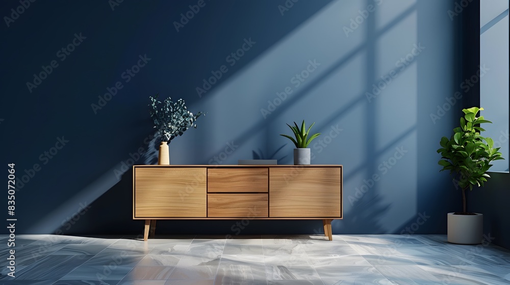 Minimalist interior design of a modern living room with a navy blue wall and a wooden sideboard cabinet for home decor mock up. Minimalist interior design of a modern living room with a navy blue wall and a wooden sideboard cabinet for home decor mock up.