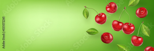 Flying realistic cherry on soft green background. Fresh red cherries with leaves and transparent water drops.