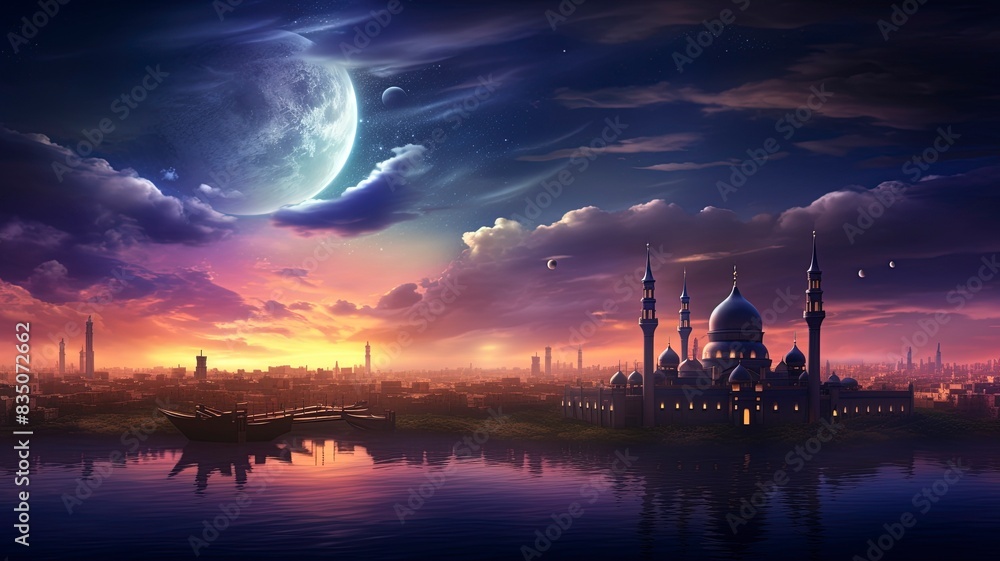 Ramadan dusk picture. Beautiful religious background with crescent, stars and glowing clouds, copy space, generative ai Ramadan dusk picture. Beautiful religious background with crescent, stars and glowing clouds, copy space, generative ai