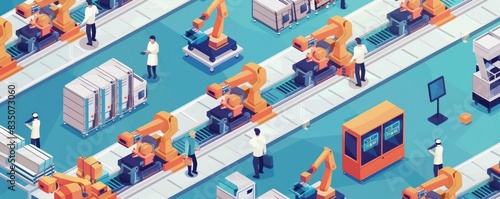 A factory scene with robots and people working. Scene is industrial and futuristic. The robots are working on a conveyor belt, and there are several people in the scene