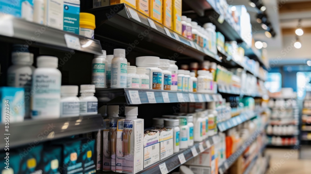 A well-stocked pharmacy aisle displays rows of over-the-counter medications on shelves. The brightly lit shelves are organized with various bottles and boxes of medicine.