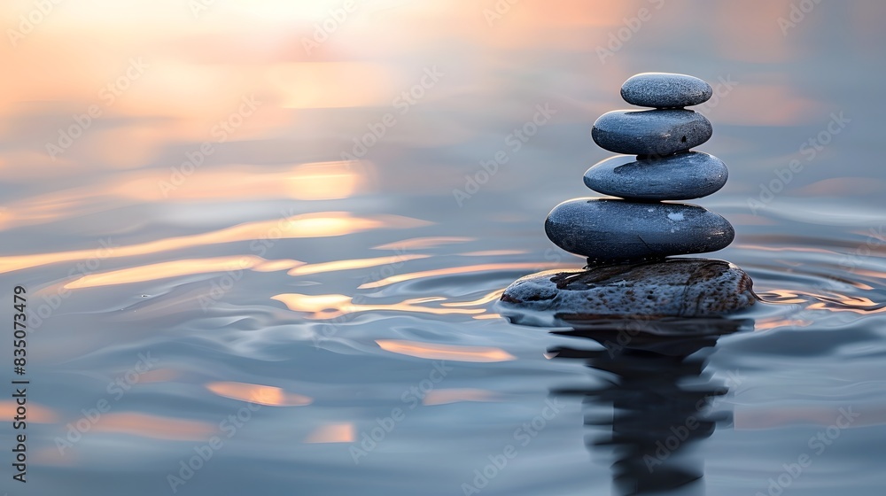 A balanced stack of stones on water, representing calm and focus for meditation.