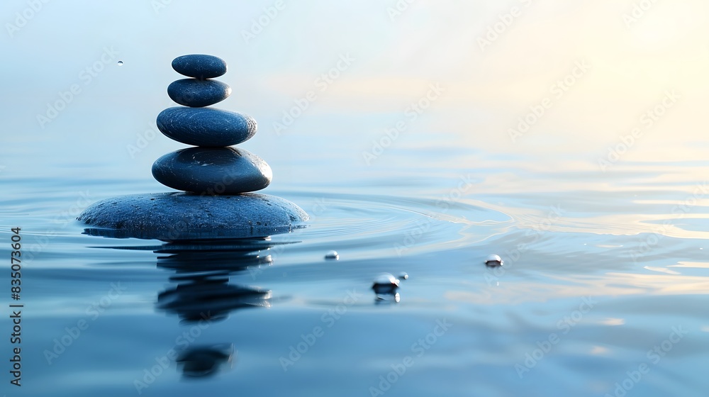 A balanced stack of stones on water, representing calm and focus for meditation. A balanced stack of stones on water, representing calm and focus for meditation.