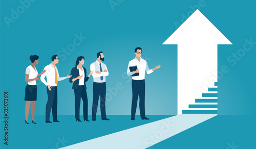 Leadership. The career steps. Growth. Business team watches an arrow sign with a staircase inside. Business vector concept illustration.