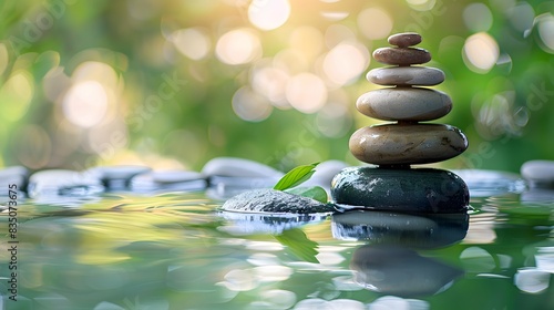 A balanced stack of stones on water, representing calm and focus for meditation.