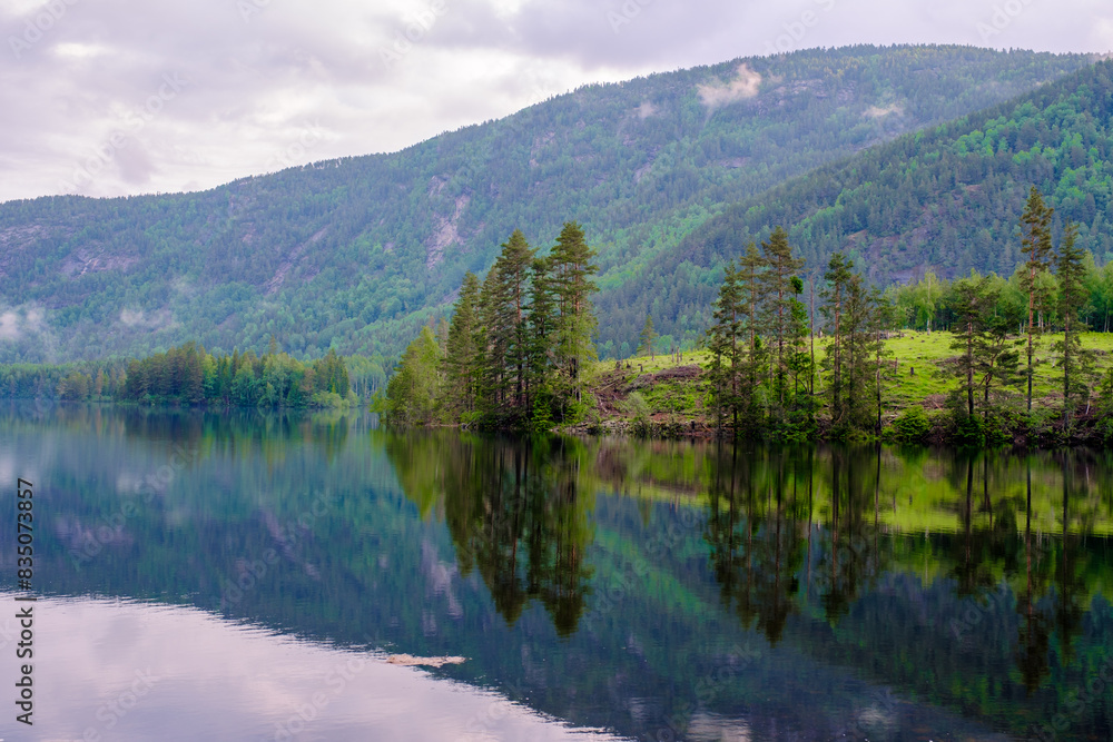 Araksfjorden Lake in Norway is, a beautiful mountain lake at sunrise, a lake with trees and mountains and reflections Araksfjorden Lake in Norway is, a beautiful mountain lake at sunrise, a lake with trees and mountains and reflections