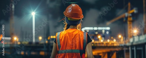 A woman wearing a safety vest and a hard hat is looking up at something. Concept of caution and responsibility, as the woman is likely working in a hazardous environment