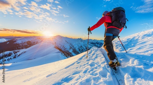 Mountaineer skiing uphill on snowy mountain during sunrise. Adventure sport in winter, achieving summit goals.
