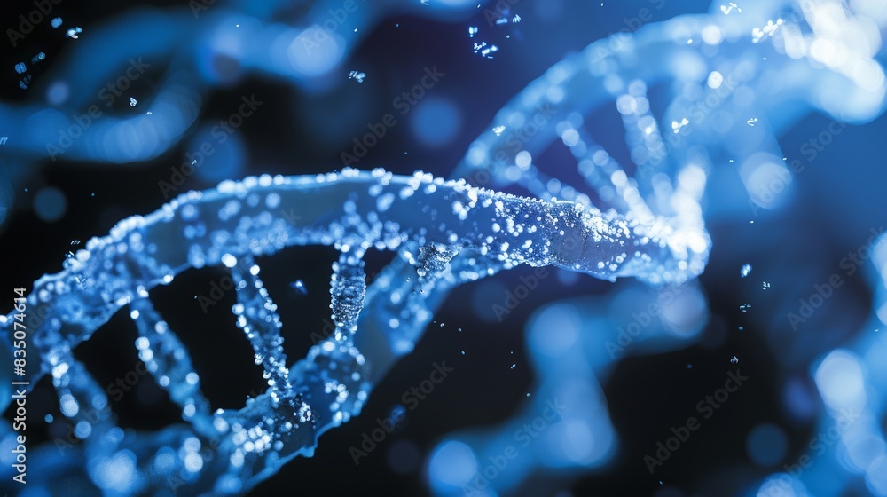 A blue DNA strand with a lot of small dots A blue DNA strand with a lot of small dots