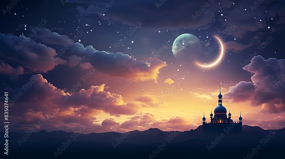 Ramadan dusk picture. Beautiful religious background with crescent, stars and glowing clouds, copy space, generative ai Ramadan dusk picture. Beautiful religious background with crescent, stars and glowing clouds, copy space, generative ai