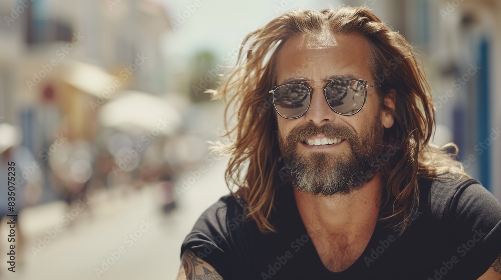 Portrait of a smiling bearded man with long hair and sunglasses outdoors in a sunny urban setting. Portrait of a smiling bearded man with long hair and sunglasses outdoors in a sunny urban setting.