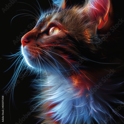 The cat appears ethereal, as if it embodies the essence of space. The dark background enhances the luminosity of its fur.