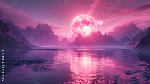 Futuristic fantasy night landscape with abstract landscape and island, moonlight and neon. Dark natural scene with light reflections. Neon portal into space.