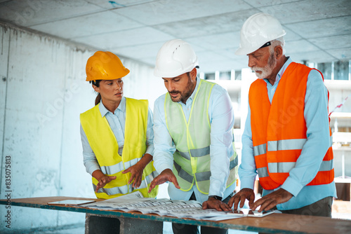 A team of male and female managers with diverse backgrounds engage in project planning at a construction site  wearing safety helmets and reflective vests.
