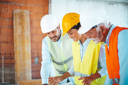 Two men and a woman in hard hats and reflective vests review blueprints at a building site  actively discussing project details.