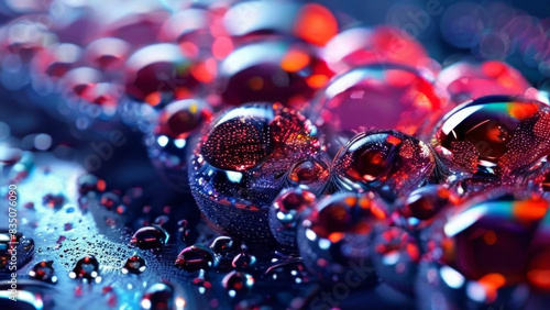 A close-up of several water droplets on a surface. they are of different sizes and refract light, creating a spectrum of colors within them. The background is blurred photo
