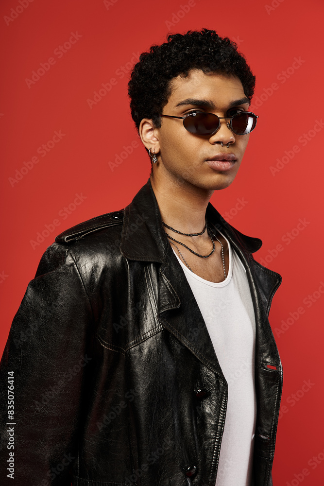 A stylish African American man in sunglasses and a leather jacket. A stylish African American man in sunglasses and a leather jacket.