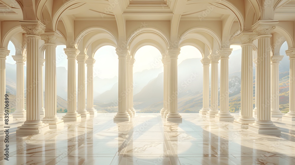 Fototapeta premium Simplicity, beauty, a beige background, classical architecture style with large arches and columns, a stone floor, large windows with a view of a natural landscape.