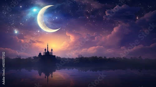 Ramadan dusk picture. Beautiful religious background with crescent, stars and glowing clouds, copy space, generative ai