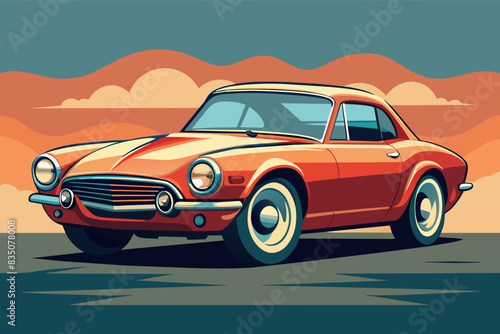 a blue car with a red background, Vintage-style vector illustration of a classic car with a sleek design