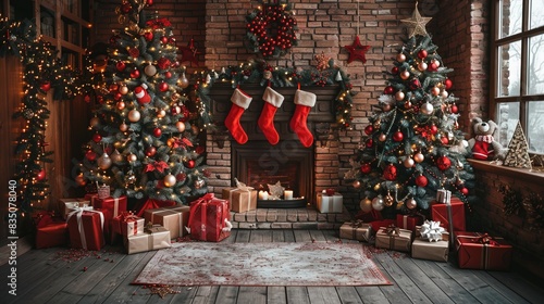 Christmas backdrop for photo studio, christmas tree, presents and toys