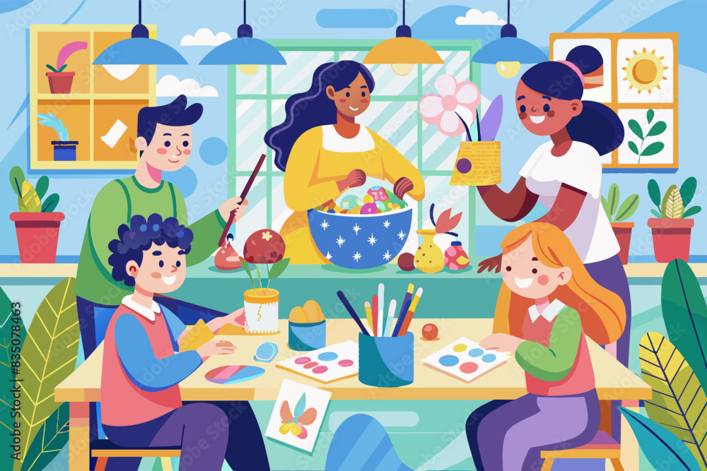 a group of children are sitting at a table and painting, Students creating Easter-themed collages in art class a group of children are sitting at a table and painting, Students creating Easter-themed collages in art class