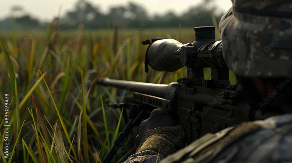 Soldier hidden in tall grass, rifle aimed, wearing camouflage uniform, sniper position in natural environment, military precision and stealth. Soldier hidden in tall grass, rifle aimed, wearing camouflage uniform, sniper position in natural environment, military precision and stealth.