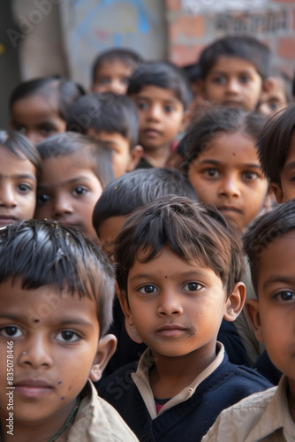 Portrait of group indian children in front of school