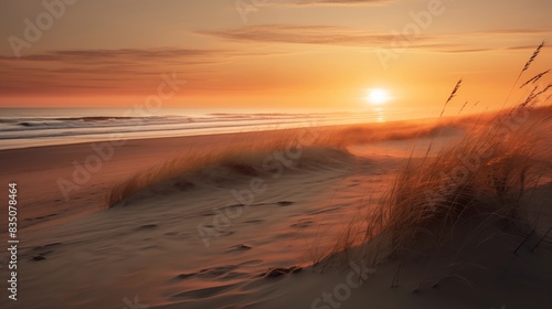 A Serene Sunset Over a Sandy Beach with Dunes and Coastal Grass