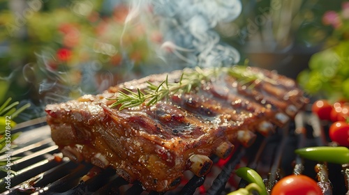 The whole rib body is on an outdoor grill, with smoke rising from underneath it and various vegetables in a blurred background.