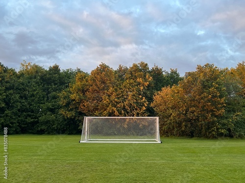 Landscape of playing field with football goal post in green activity court space with trees and bushes in background on twilight evening with sunset sky no people Summer in rural environment