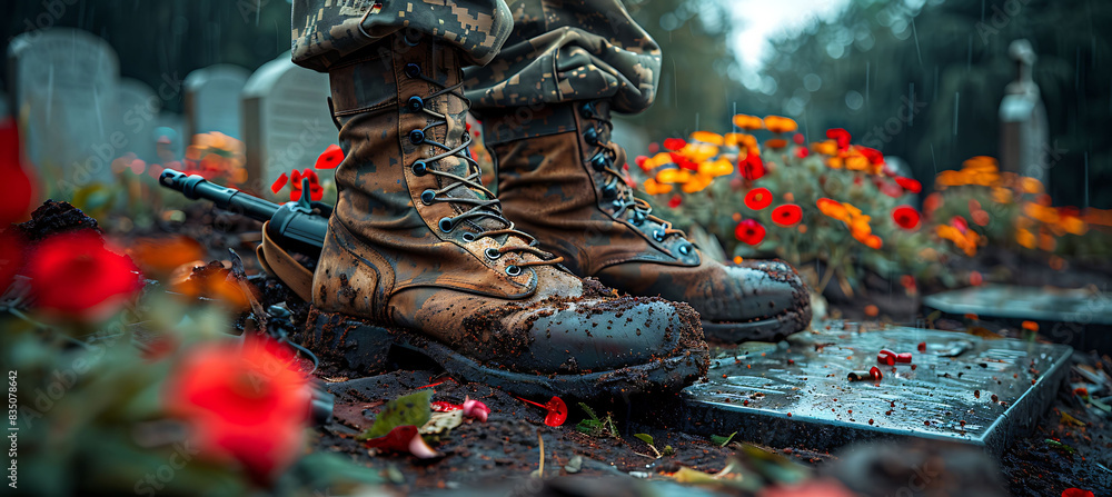 Memorial Day tribute row of military boots rifles standing upright next ...