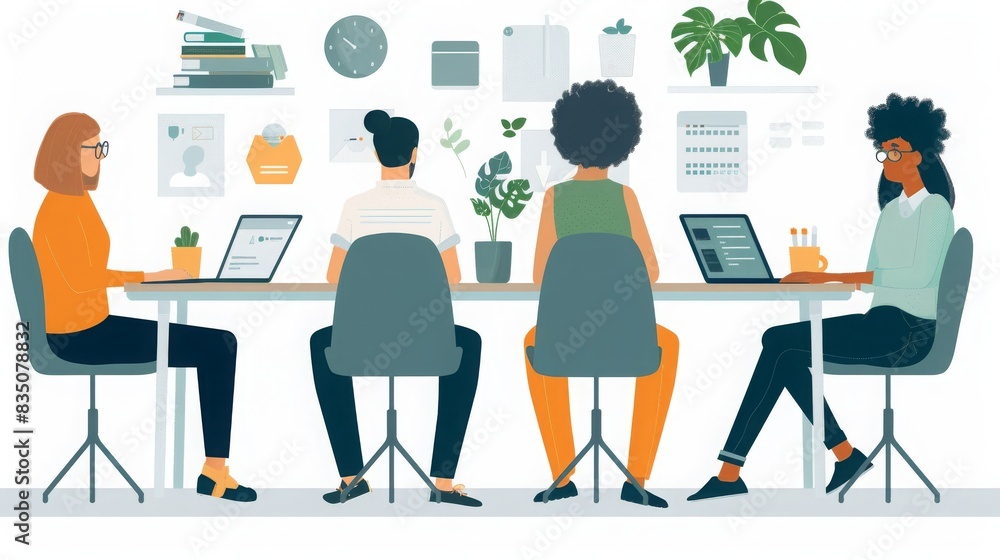 A group of people sitting around a table and working on their laptops. A group of people sitting around a table and working on their laptops.
