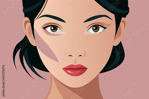 a woman with a black hair and a pink background, Smooth, flawless complexion achieved with skincare routine
