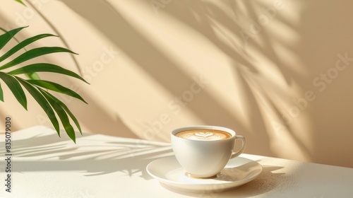 A white coffee cup sits on a white plate on a table