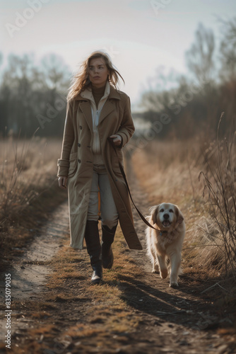 Young caucasian woman walk with dog pet