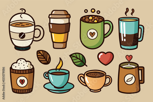 three coffee cups with different colors and designs, Set of hand-drawn coffee cup icons with different flavors and designs