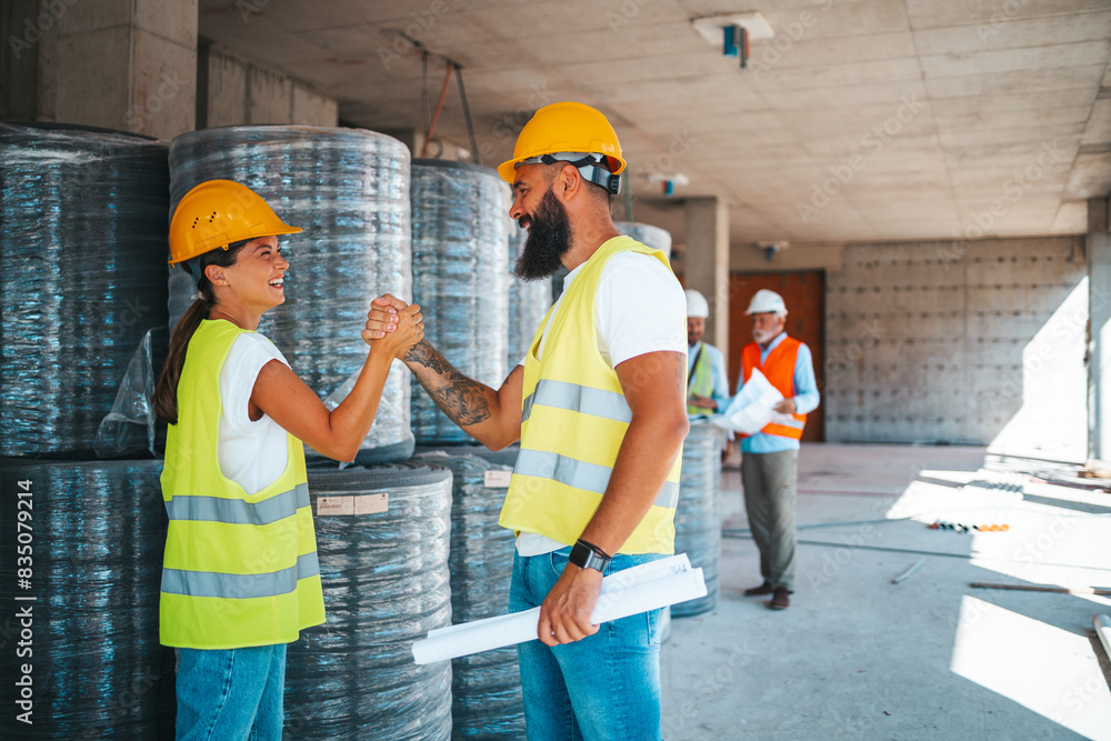 A male and female in safety gear engage in a firm handshake at a bustling construction site, with another worker and materials in the background. A male and female in safety gear engage in a firm handshake at a bustling construction site, with another worker and materials in the background.