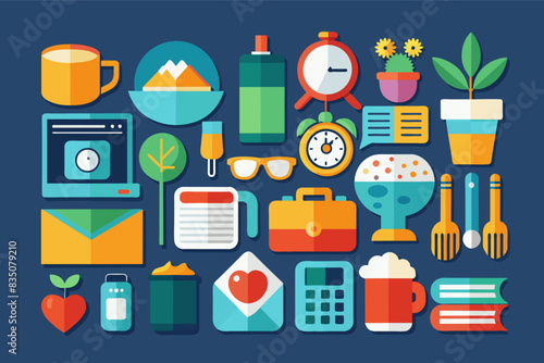 a bunch of different items that are on a blue background, Set of flat design icons depicting everyday objects in a minimalist and colorful style