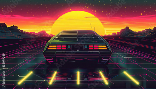Artistic, aesthetic 90s car on neon laser gridlines with sunset horizon. 3D 80s retro wave, futuristic, clear, simple, sci-fi, texture, beautiful, isolated, futurism, background, template photo